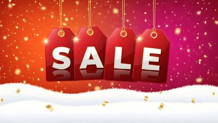Festive Winter Sale Banner: Red Discount Tags on Snowy Background
