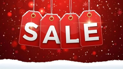 Holiday Promotion Graphic: Hanging Red Sale Labels with Winter Snowflakes