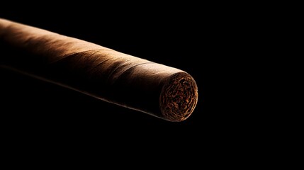 Long cigar is shown in a black background. The cigar is brown and has a dark tip