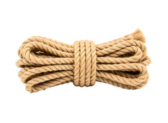A neatly coiled bundle of natural fiber rope on a transparent background