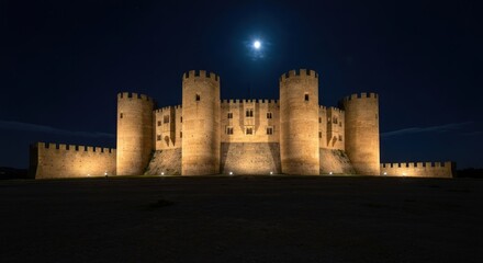 Illuminated stone castle at night under a full moon