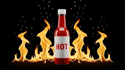 Spicy Chili Sauce Bottle Mockup with Realistic Fire Flames: Extra Hot Condiment Packaging Design