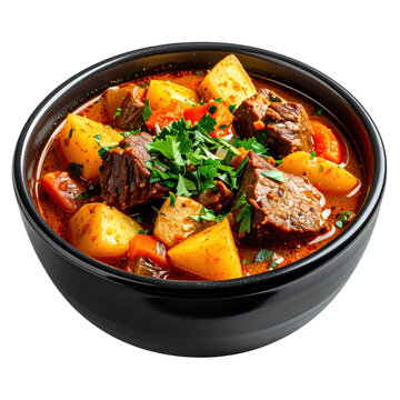 A rich and hearty puchero uruguayo featuring chunks of meat corn and potatoes in a savory broth isolated on white background
