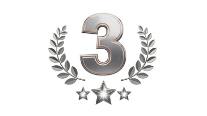 3rd Place Silver Award Icon: Metallic Number Three with Laurel Wreath and Stars