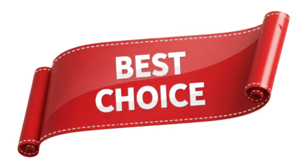 A red curved scroll banner displaying best choice text, isolated on transparent background