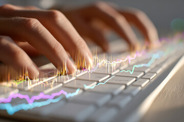 Person typing on computer keyboard with colorful digital stock market graphs rising, symbolizing data analysis and financial technology trends in modern business
