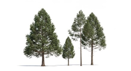 Group of evergreen trees with varying heights against a white background