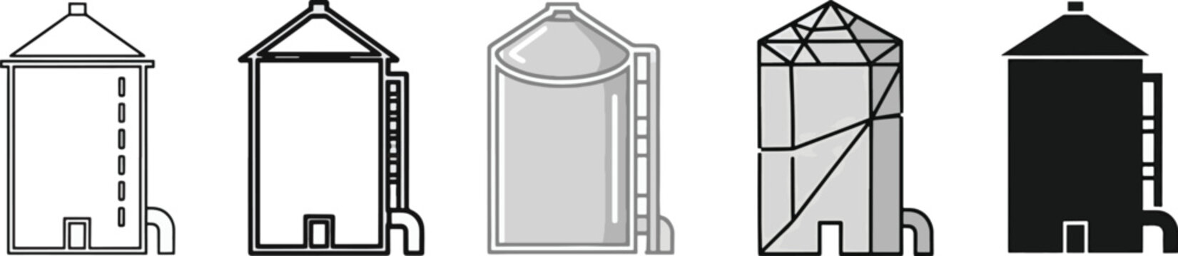Industrial Grain Silo and Agricultural Storage Tank Icon Set for Farm Infrastructure Food Processing Industry and Bulk Material Management Design