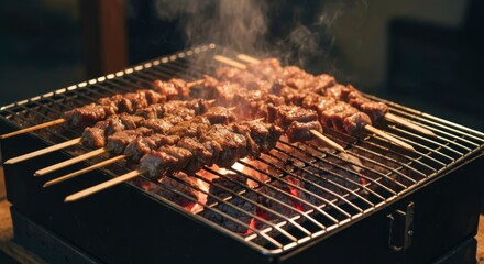 Grilled skewers over hot coals, cooking and smoking outdoors