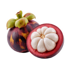 Fresh ripe mangosteen fruit with half cross section isolated on white background