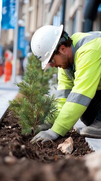 Worker Planting Young Evergreen Tree in Urban Garden with Focused Closeup and Natural Lighting