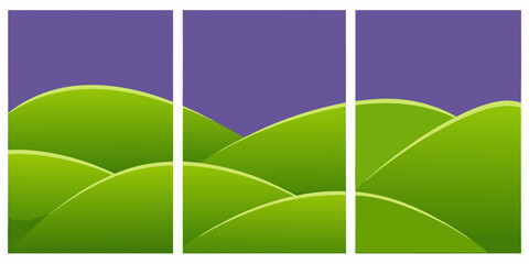 Abstract landscape with rolling green hills and a purple sky divided into panels