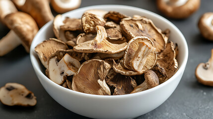 Obraz premium A bowl overflowing with fresh mushrooms, showcasing their earthy hues and delicate gills. A harvest of forest treasures, ready to enhance any dish with savory flavor and texture.