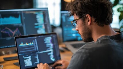 Engineer programming scalable data processing pipelines on a laptop with code and graphs during a collaborative work session. - Powered by Adobe