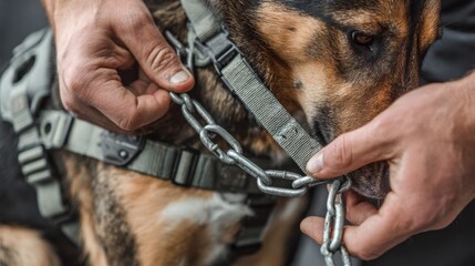 Caring hands adjusting dog harness and chain for a german shepherd,Unchain a Dog Month