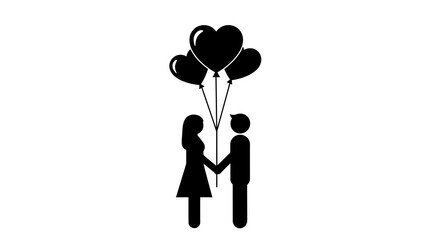 Couple holding hands with heart-shaped balloons, symbolizing love, romance, and partnership in a simple icon style.