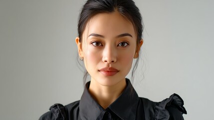Professional portrait of a sophisticated young Asian woman, dark hair tied back, black collared shirt, elegant studio.