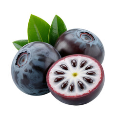 fresh Blueberry Fruits with Green Leaves and Half Sliced Section Showing Internal Seeds Isolated on White Background