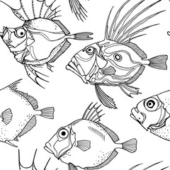 Vector seamless pattern hand drawn illustration of a deep sea fishes made in graphic style. Ink drawing, beautiful design elements. Perfect print for any business related to the fish industry.