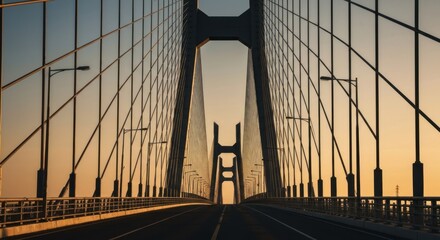 Modern cable-stayed bridge at sunset, leading to distant horizon