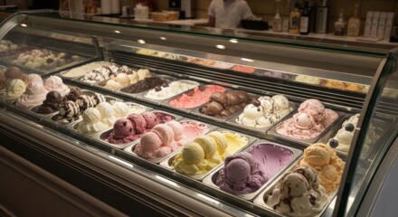 Colorful gelato display case with multiple flavors, well-lit interior