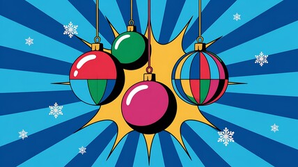 Colorful Christmas Baubles in a Comic Book Pop Art Style with a Starburst and Snowflake Background