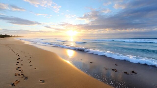 Golden Hour at the Shore: Capture the serene beauty of a beachfront, a pathway of footprints etched in the sand, with gentle waves lapping the shore, bathed in the soft glow of a perfect sunset.
