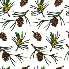 Vector seamless pattern with hand drawn pine twigs and cones. Beautiful design elements, ink drawing, graphic style. Perfect for prints and patterns for Christmas or New Year holidays season.