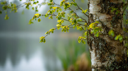 Fototapeta premium Serene early spring scene featuring fresh green leaves on a birch tree branch with textured bark beside a calm, misty lake in a peaceful natural landscape setting