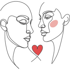 Minimalist Line Art Illustration of a Couple with Heart Symbol, Simple Elegant Design Emphasizing Love and Connection, Perfect for Romantic Art, Wedding Invitations, and Valentine s Day Cards