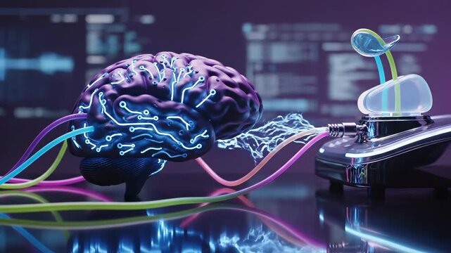 Digital brain connects to cloud device through colorful neural cables. Brain shows circuit patterns linking to cloud technology. Neural brain with digital connections. Brain technology display.