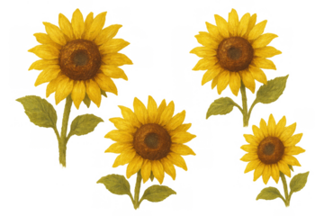 Group of sunflowers depicting summer season and nature. Hand painted floral artwork with vivid yellow colors and green leaves