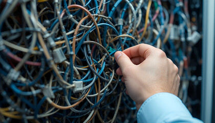 Technician organizing complex network cables in server room