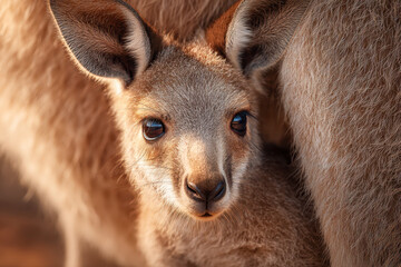 Fototapeta premium Curious young kangaroo peeking out from mother's pouch displaying tender bond in warm natural light with detailed fur and deep expressive eyes