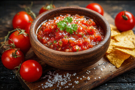 Freshly made tomato salsa served in a wooden bowl with coarse salt, garnished with cilantro and surrounded by ripe cherry tomatoes and crispy tortilla chips on a rus