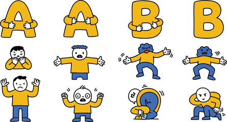 Cartoon emotion icons with letter hug gestures, expressive character reactions, behavior pose set, cad drawing flat vector illustration