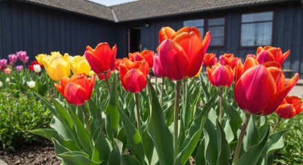 Bright tulips bloom in garden bed with a backdrop of a building