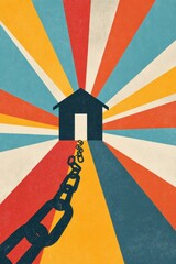 House with chains breaking in colorful sunburst design reflecting freedom and liberation,Unchain a Dog Month