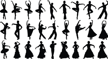 Naklejka premium Massive Vector Collection of Black Silhouette Figures in Dynamic Action Poses, Featuring Ballet, Figure Skating, Martial Arts, Hip Hop Dance, Yoga, Kicks, Jumps, 