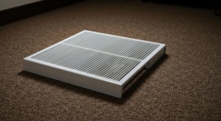 Metallic rectangular air vent on a brown carpet