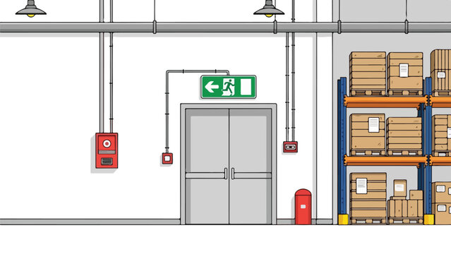 Warehouse interior with emergency exit door and fire safety equipment.