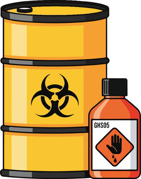 Yellow barrel with biohazard symbol and bottle with GHS05 corrosive warning.
