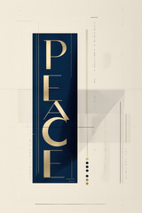 Vertical gold &ldquo;PEACE&rdquo; text on navy with abstract linear elements and minimal background for elegant modern decor
