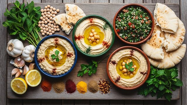 Delicious hummus with fresh ingredients and pita bread