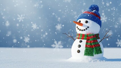 Obraz premium Snowman in snow with falling snowflakes