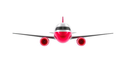 Front view of modern commercial airplane with red and white color scheme, isolated on transparent background, showing jet engines and wings, symbolizing travel and transportation