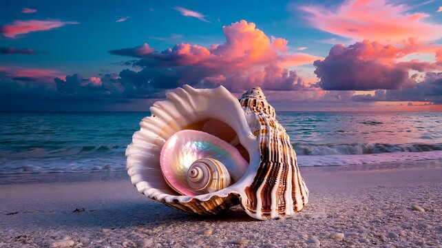 Large conch shell with an iridescent pearl-like interior resting on a sandy beach during a vibrant tropical sunset over the ocean.