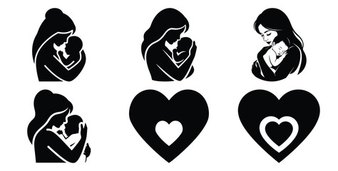 mother hugging baby affectionately vector art icon set. Black color  and white background