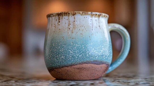 Unique ceramic mug with a blue and brown glaze placed on a wooden surface in a simple setting