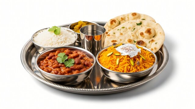 Delicious indian thali with rice, rajma masala, kadhi pakora and butter naan